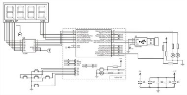 Arduino 'ya çevresel aygıtların (klavye, lcd ekran, usb) bağlantısı. Verileri okumak ve çıkarmak için elektronik cihazın vektör elektrik şeması. Teknik (mühendislik) çizim.