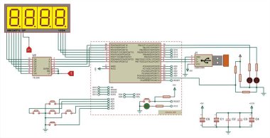 Arduino 'ya çevresel aygıtların (klavye, lcd ekran, usb) bağlantısı. Verileri okumak ve çıkarmak için elektronik cihazın vektör elektrik şeması. Teknik (mühendislik) çizim.
