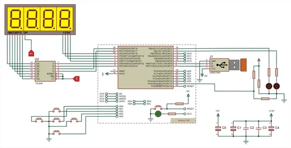 Lcd显示 Usb 与Arduino的连接 用于读取和输出数据的电子设备的矢量电气原理图 — 图库矢量图片