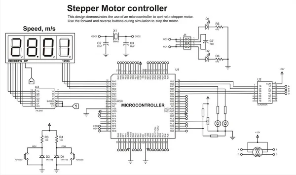 電子デバイスの回路図 ボタン モータ マイクロコントローラ Lcdディスプレイおよびその他の電子部品を備えた電気回路の描画 — ストックベクタ