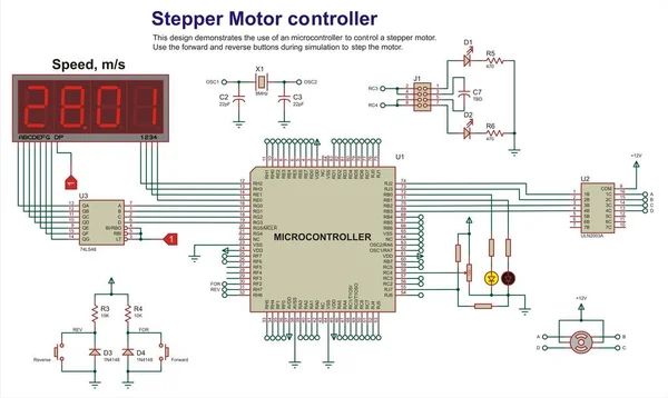 電子デバイスの回路図 ボタン モータ マイクロコントローラ Lcdディスプレイおよびその他の電子部品を備えた電気回路の描画 — ストックベクタ