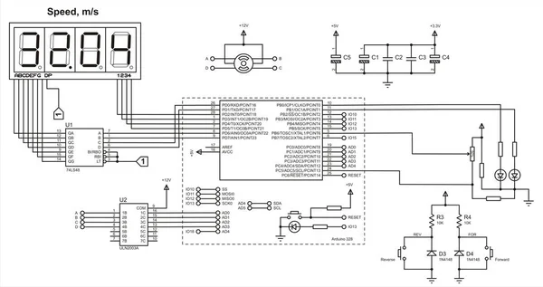 Arduino上のモータを用いた電子デバイスの回路図 ボタン マイクロコントローラ Lcdディスプレイおよびその他の電子部品を備えた電気回路の描画 — ストックベクタ