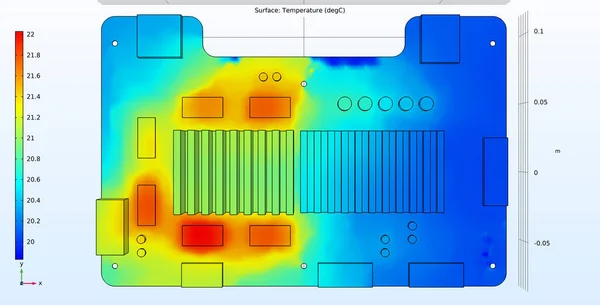 电子设备印刷电路板表面温度分布的计算机三维建模 热分析 — 图库照片