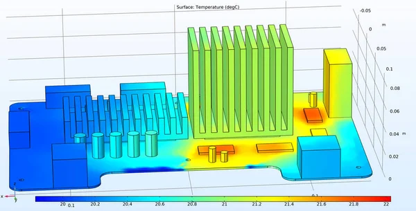 Computer 3d modeling of the temperature distribution on the surface of the printed circuit board of an electronic device and its components. Thermal analysis.