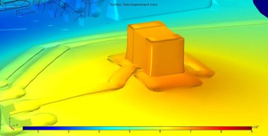3 boyutlu illüstrasyon. Yüksek sıcaklık etkisi altında PCB iletkenlerinin bozulması ve elektronik bileşenin (kondansatör) yer değiştirmesi.