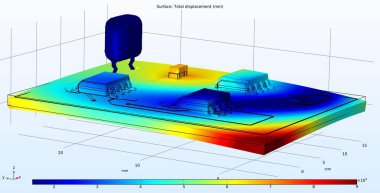 Elektronik bir cihazın basılı devre kartının 3D modellemesi. Yüksek sıcaklık altında yazdırılmış devre kartının bozulması.