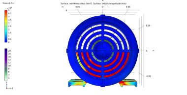 Von Mises grafiği motorun gerilimi ve pervane dönüş hızının büyüklüğü. Bilgisayar destekli tasarım sistemi kullanarak 3D modelleme ve analiz. Motor modeli.