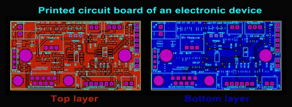 無線素子 コンタクトパッドなどの部品を搭載した電子機器のプリント基板 Pcb 上層及び下層 の図面 — ストック写真