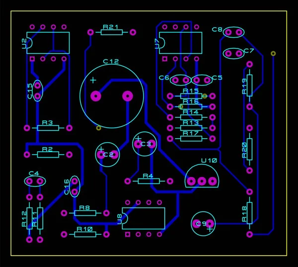 無線素子 コンタクトパッドなどの部品を搭載した電子機器のプリント基板 Pcbのベクトル工学図面 一番下 — ストックベクタ