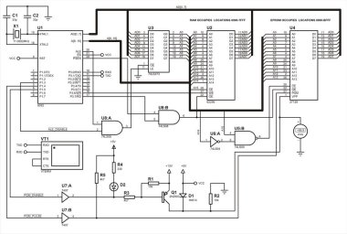 Elektronik cihazın şematik diyagramı. Mikro kontrol, voltmetre, ram ve eprom çipleri, mantık unsurları, direnç, kapasitör ve diğer elektronik bileşenlerle elektrik devresi çizer.