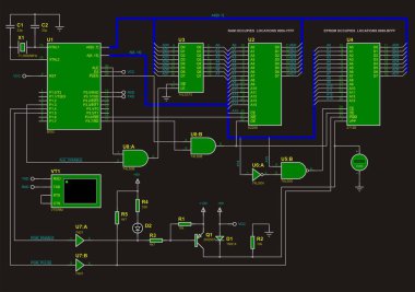 Elektronik cihazın şematik diyagramı. Mikro kontrol, voltmetre, ram ve eprom çipleri, mantık unsurları, direnç, kapasitör ve diğer elektronik bileşenlerle elektrik devresi çizer.