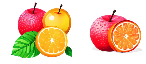 Żółte Czerwone Jabłka Pomarańcza Zielonymi Liśćmi Odizolowane Białym Tle Zestaw — Zdjęcie stockowe