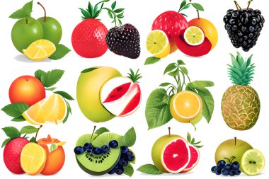 Bir dizi egzotik meyve ve böğürtlen (elma, limon, yabanmersini, dut, ananas, şeftali) ve beyaz arka planda izole edilmiş yeşil yapraklar..