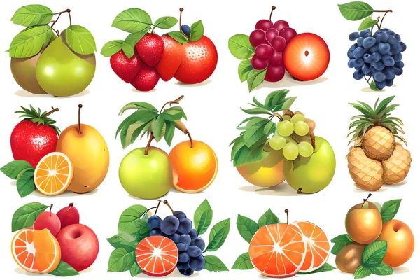 エキゾチックなフルーツとベリーのセット 緑と青のブドウ オレンジ イチゴ パイナップル 白い背景に隔離された緑の葉 — ストック写真