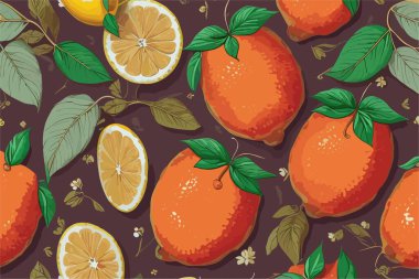Turunçgillerden (limonlar), yeşil yapraklardan ve leylak arkaplanda küçük beyaz çiçeklerden oluşan bir vektör deseni.