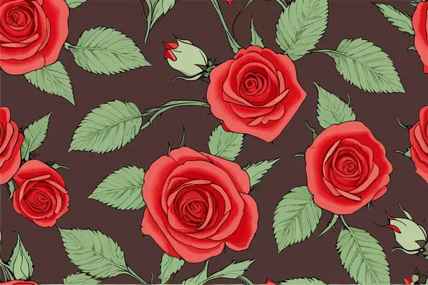 Vector Seamless Floral Pattern Red Roses Flowers Green Leaves Dark — Stock Vector