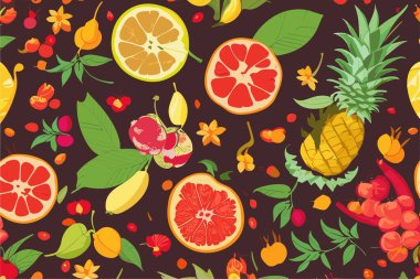 Tropik meyve, çiçek, böğürtlen ve yeşil yapraklı soyut vektör arkaplanı. 