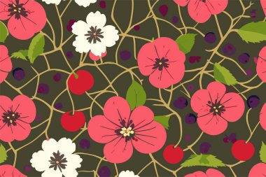 Pembe çiçekli ve yeşil Japon sakuralı vektör desenli. Kadın kıyafetleri, kumaş, tekstil, kağıt, not defteri, kart için kiraz aromalı çiçek..