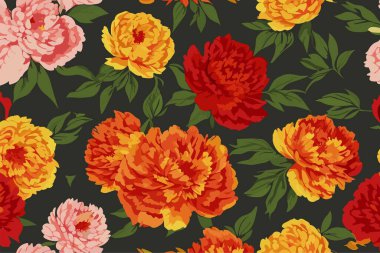 Pembe, sarı ve kırmızı şakayık çiçekli, yeşil yapraklı vektör deseni. Çiçek arka planı.