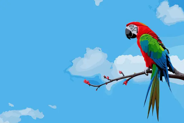 ベクトルの明るいマカオウムは 空と雲の背景に対してヤシの枝の上に座っています パラダイスのエキゾチックな鳥 — ストックベクタ
