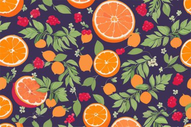 Kırmızı böğürtlenler, yeşil yapraklar, turunçgil portakalları, mavi arka planda küçük beyaz çiçekler..