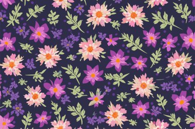 Mavi arka planda büyük ve küçük çiçekleri ve yeşil yaprakları olan çiçeksiz vektör deseni.