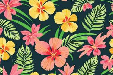 Siyah arka planda tropik çiçekli ve yeşil yapraklı vektör deseni. Kadın kıyafetleri, kumaş, tekstil, kağıt, not defteri, kart için çiçek çizimi.