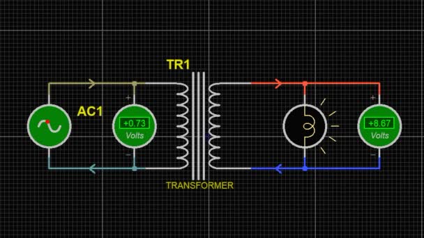 変圧器 ランプ 交互電圧源および測定装置 ボルトメートル が付いている電気回路の図表 コンダクターの物理的性質 流れが充電された電子 アニメーション — ストック動画