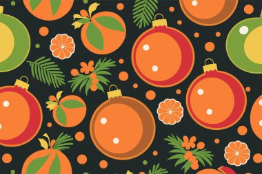 Vector christmas pattern with christmas tree toys ball, citrus fruits tangerines and pine twigs on a black background. 2024 New Year's fashion ornament for fabric, paper, textiles, notepad.