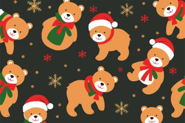 Kırmızı Noel Baba şapkalı ve kar taneli çizgi film ayısıyla siyah arka planda vektör noel deseni. Kumaş, kağıt, tekstil, not defteri, çocuk kıyafetleri için 2024 yılbaşı moda süsü.