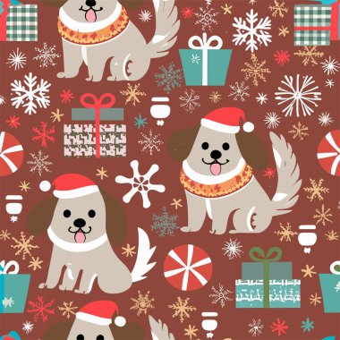 Noel Baba şapkalı, yıldızlı, hediyeli ve kırmızı arka planda kar taneli bir karikatür köpek yavrusuyla vektör noel deseni. Kumaş, kağıt, tekstil, not defteri, çocuk kıyafetleri için 2024 Yeni Yıl Moda Süslemesi.