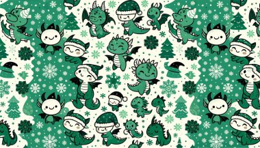 Noel Baba şapkalı çizgi film ejderha yavruları ve yeşil arka planda kar taneleri olan vektör Noel şablonu. Kumaş, kağıt, tekstil, not defteri, çocuk kıyafetleri için 2024 Yeni Yıl Moda Süslemesi.