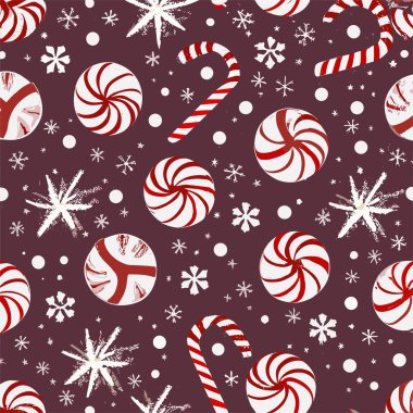 Sihirli değnekleri, topları ve leylak arka planında kar taneleri olan vektör noel şablonu. Kumaş, kağıt, tekstil, not defteri, çocuk kıyafetleri, kartpostallar için 2024 yılbaşı moda süsü.