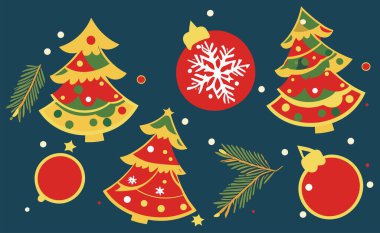 Çizgi film Noel ağacı, oyuncak balosu, kar tanesi, mavi arka planda izole edilmiş köknar dalları olan vektör Noel seti. Kumaş, kağıt, tekstil ve çocuk kıyafetleri için 2024 yılbaşı moda illüstrasyonu.