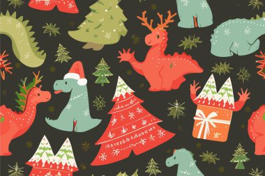Komik bir karikatür dinozoru, noel ağacı, hediyeler, siyah arka planda Noel Baba kırmızı şapkası olan bir Noel Baba modeli. Kumaş, kağıt ve tekstil için 2024 Yılbaşı Moda Süslemesi.