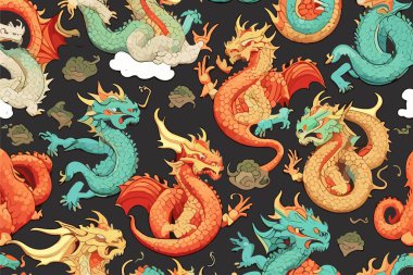 Siyah arka planda Çin ejderhası olan vektör deseni. Kumaş, kağıt ve tekstil için 2024 Yılbaşı Moda Süslemesi.