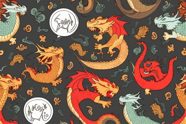 Siyah arka planda Çin ejderhası olan vektör deseni. Kumaş, kağıt ve tekstil için 2024 Yılbaşı Moda Süslemesi.
