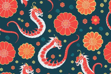 Siyah arka planda Çin ejderhası ve çiçekli vektör deseni. Kumaş, kağıt ve tekstil için 2024 Yılbaşı Moda Süslemesi.