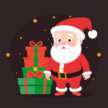 Kırmızı şapkalı Noel Baba çizgi filmi, kar taneleri, siyah arka planda hediyeler. Kumaş, kağıt ve tekstil için 2024 Yılbaşı Moda Süslemesi.