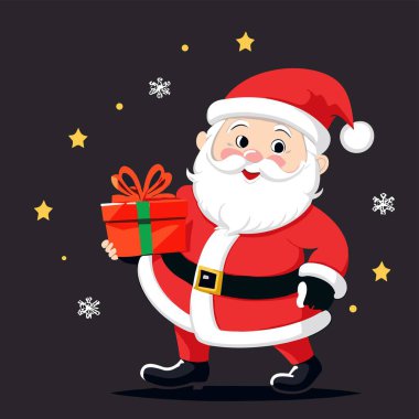 Kırmızı şapkalı Noel Baba çizgi filmi, kar taneleri, siyah arka planda hediyeler. Kumaş, kağıt ve tekstil için 2024 Yılbaşı Moda Süslemesi.