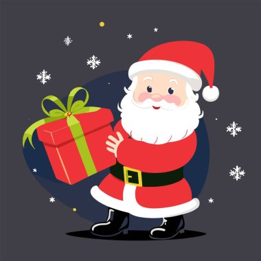 Kırmızı şapkalı, kar taneli, mavi arka planda hediyeli Noel Baba çizgi filmiyle Noel Baba 'yı temsil ediyor. Kumaş, kağıt ve tekstil için 2024 Yılbaşı Moda Süslemesi.