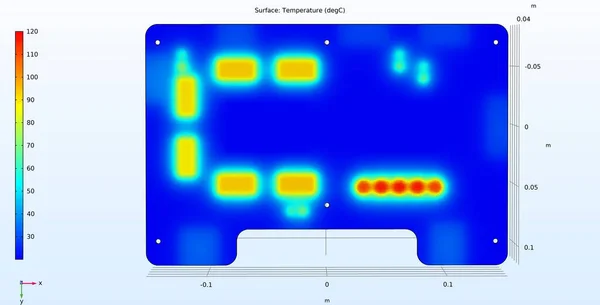 Computer 3d modeling of the temperature distribution on the surface of the printed circuit board of an electronic device and its components. Thermal analysis. The reverse side of the pcb.