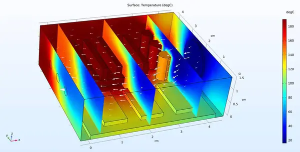 Computer 3d modeling of the printed circuit board of an electronic device. Thermal analysis. Temperature distribution in the device housing. The arrows show the direction cooling (by fan) air flow.
