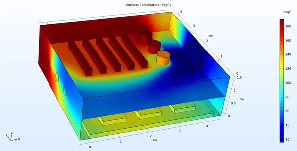 Computer 3d modeling of the printed circuit board of electronic device. Thermal analysis. Temperature distribution on the surface of pcb, its components, the walls of the housing, inside the device.