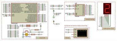 Yedi parçalı gösterge ve kayıt çipini bir arduinoya bağlayan vektör diyagramı. Arduino 'lu elektronik devre kartı. Arduino ile elektrik diyagramı.