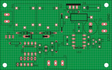 Elektronik cihazın basılı devre kartına radyo elementlerinin (temas yastıkları ve koltukları) yerleştirilmesi. Bir pcb 'nin vektör mühendislik çizimi. Izgaralı elektrik arkaplanı. 