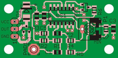 Elektrikli arka plan. Vektör pcb modeli. Yazılı devre kartına elektronik bileşenlerin (rezistörler, diyot, transistör, kazaklar, kapasitör) yerleştirilmesi. Koltuk, temas yastıkları, geçiş delikleri, metalize yüzeyler ve iletkenler.