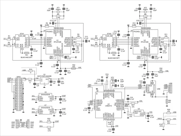 Elektronik cihazın şematik diyagramı. Entegre devre, rezistör, kondansatör, fünye, kondansatör, kuvars rezonatörü, bükülmüş çift, usb, i2c ve diğer bileşenlerle elektrik devresi çizer.