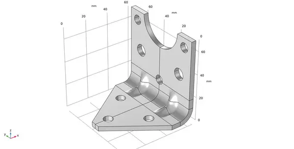 Metal bracket. Computer 3d modeling and investigation of parameters of a steel mechanical part using a computer-aided design system. Design environment of  engineering calculation.