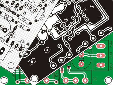Üzerinde radyo elementleri, iletkenler ve kontak pedleri olan elektronik bir cihazın vektör baskılı devre kartı. Makine dairesi ızgarayla çizim yapıyor. Elektrik arkaplanı.